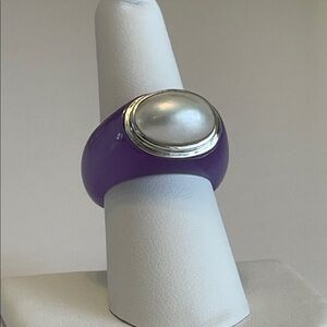 Genuine Lavender Jade Dome Ring With Mabe Pearl In 925 Sterling Silver Bezel